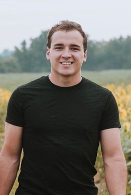 A man in a black t-shirt is standing in a field of sunflowers.