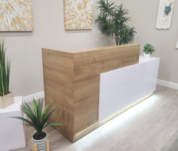 A wooden and white reception desk in a room with plants.