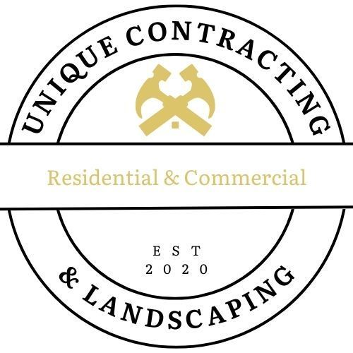A logo for a company called unique contracting and landscaping.