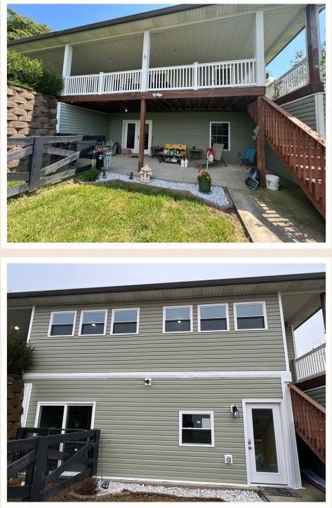 A before and after picture of a house with a deck and stairs.