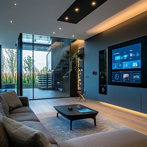Modern living room with gray sofa, coffee table, wall TV, recessed lighting, and glass staircase view