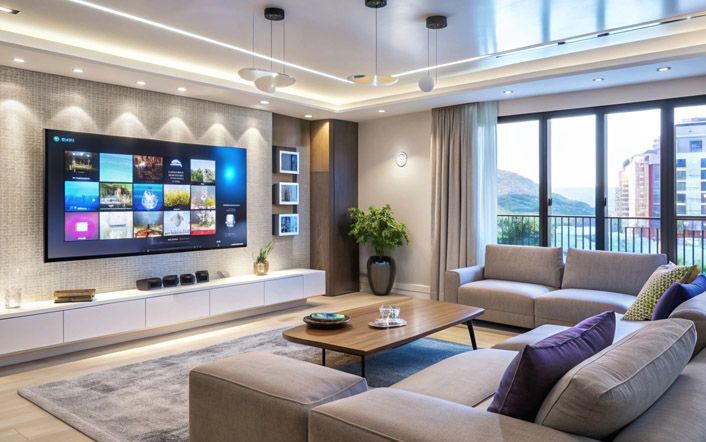 Modern living room with wall-mounted TV, sectional sofa, coffee table, and city view through large windows