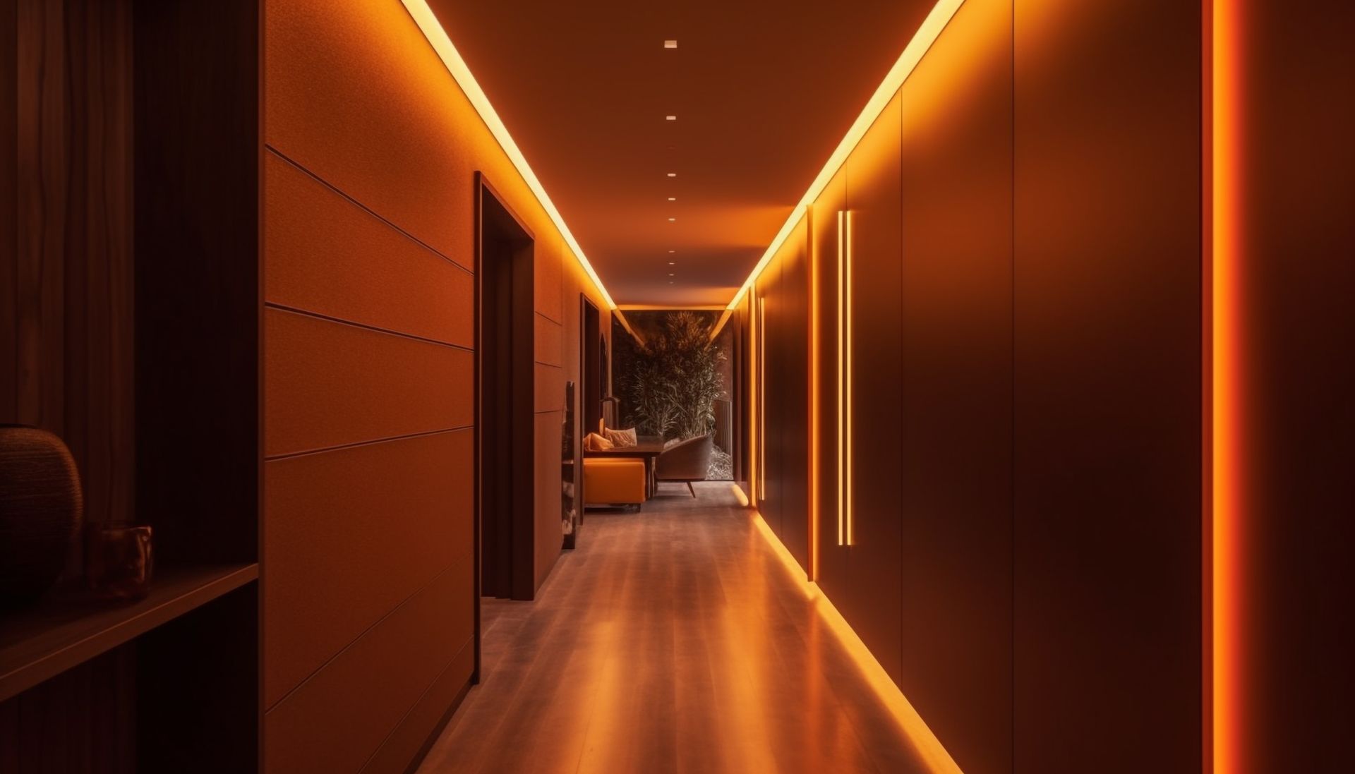 Warm-lit modern hallway with orange LED strips, wooden floor, and a chair at the far end
