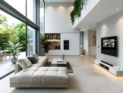 Modern bright living room with beige sectional, large windows, and wall-mounted TV