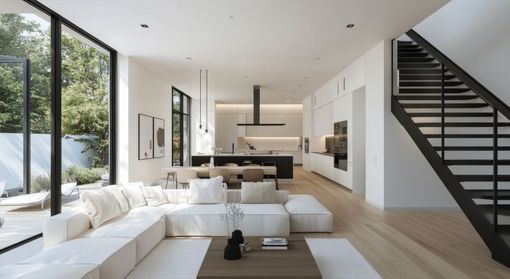 Modern open-plan living room with white sectional sofa, wood floors, black staircase, and large windows.