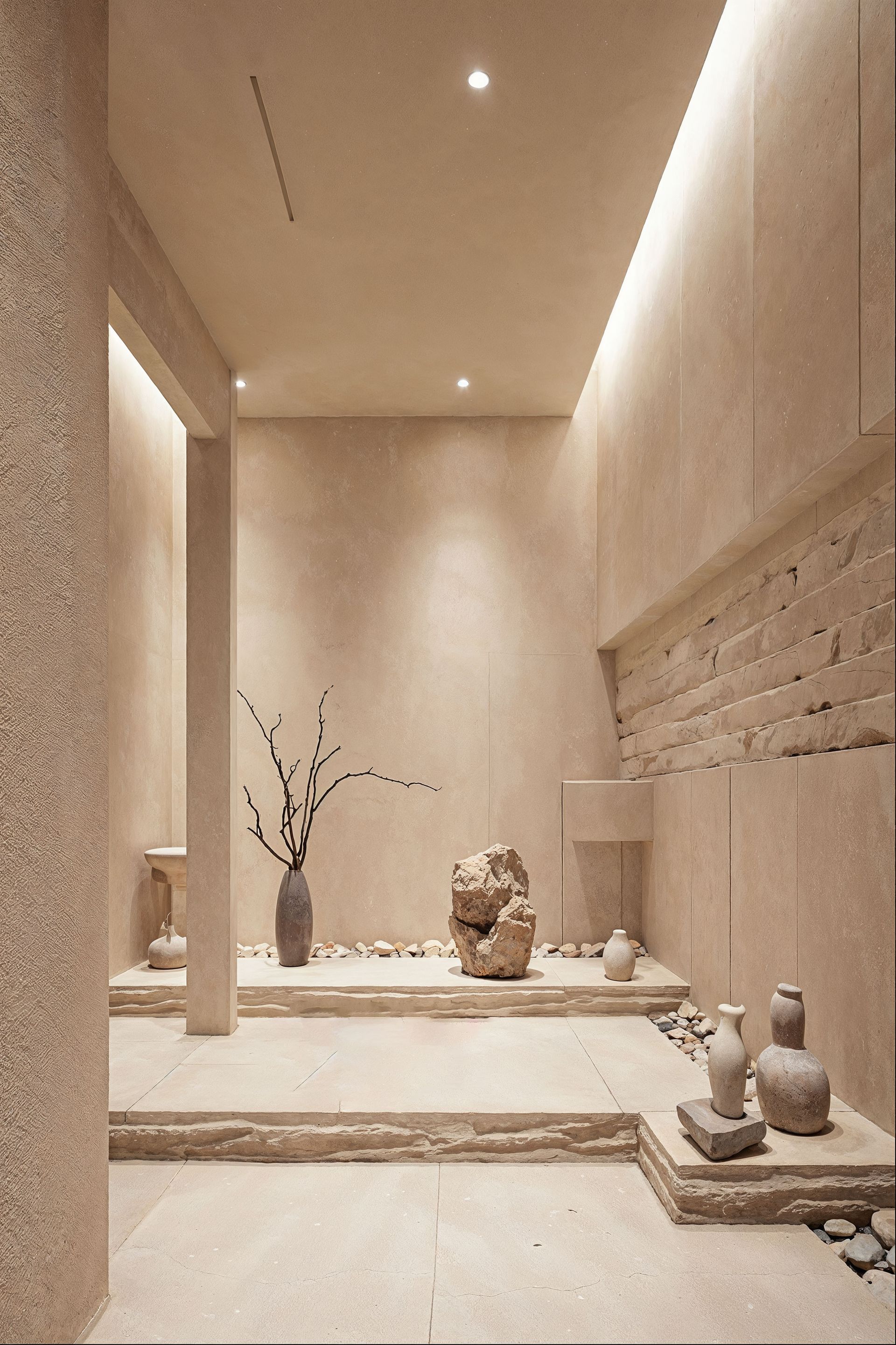 Minimalist beige interior with recessed lighting, stone steps, and small decorative vases on a raised platform.