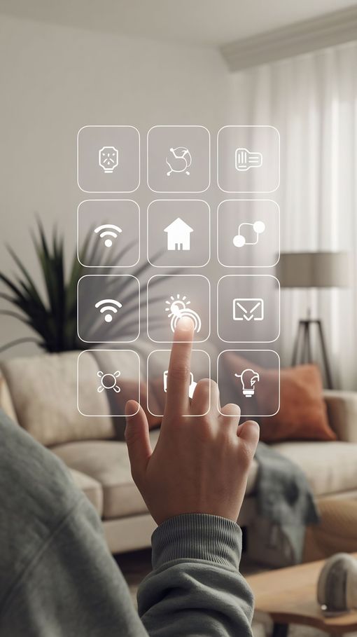 Hand tapping a floating smart-home control interface in a modern living room