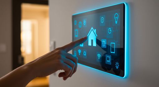 Hand touching a glowing blue smart home touchscreen with icons on a wall