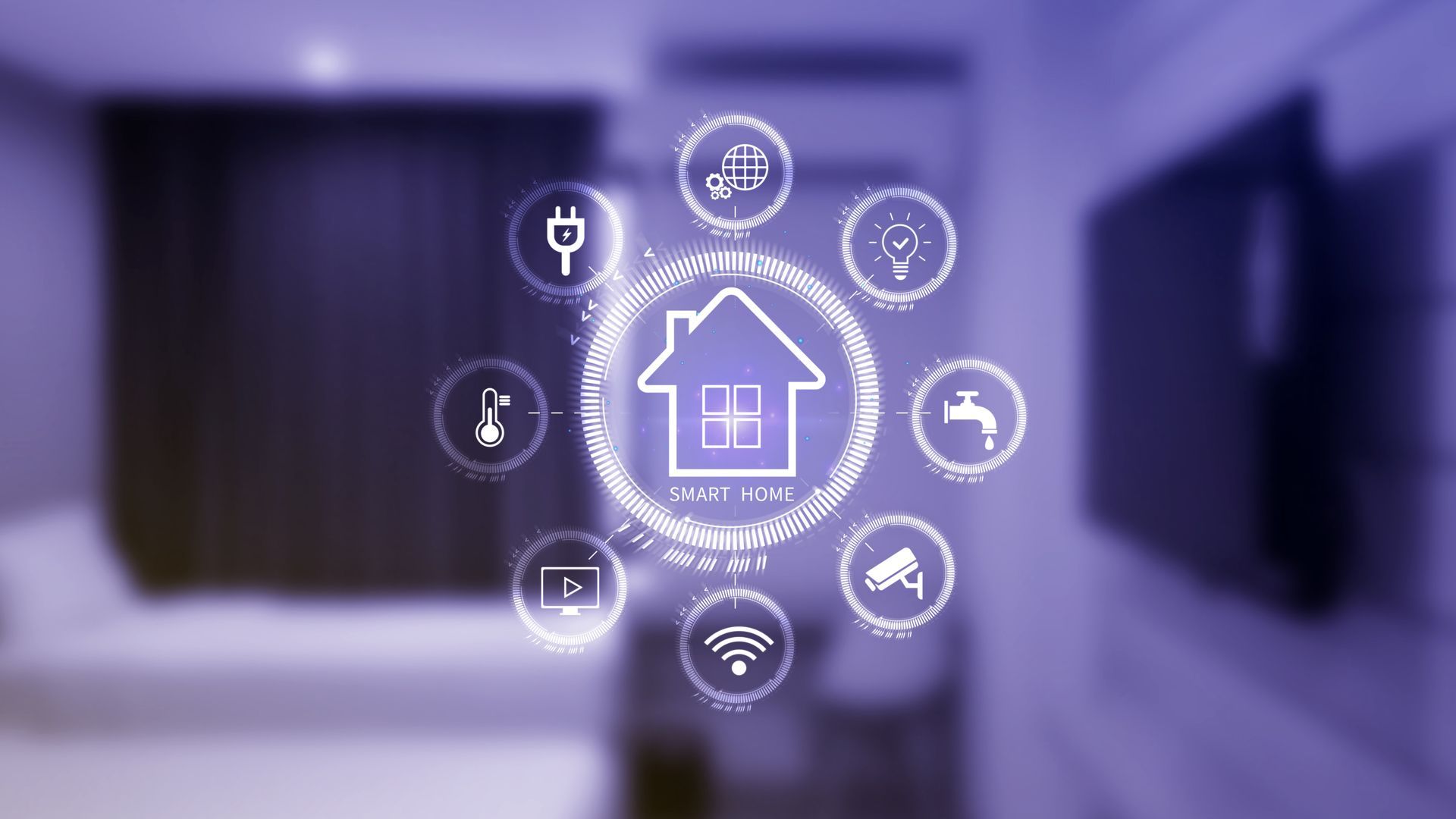 Smart home icon glowing purple over a blurred interior with connected device symbols