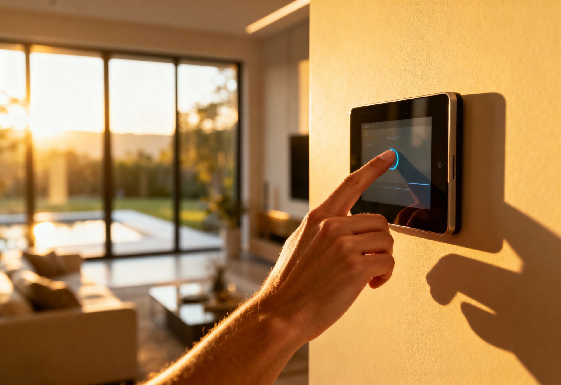 Hand pressing a wall-mounted touchscreen thermostat in a sunlit modern home