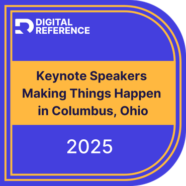 Badge: Digital Reference. Keynote Speakers in Columbus, Ohio, 2025. Blue and gold.