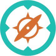 Orange compass rose within a circle, set in a teal ring and white background.