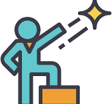 Person on a step reaching toward a gold star, success concept.