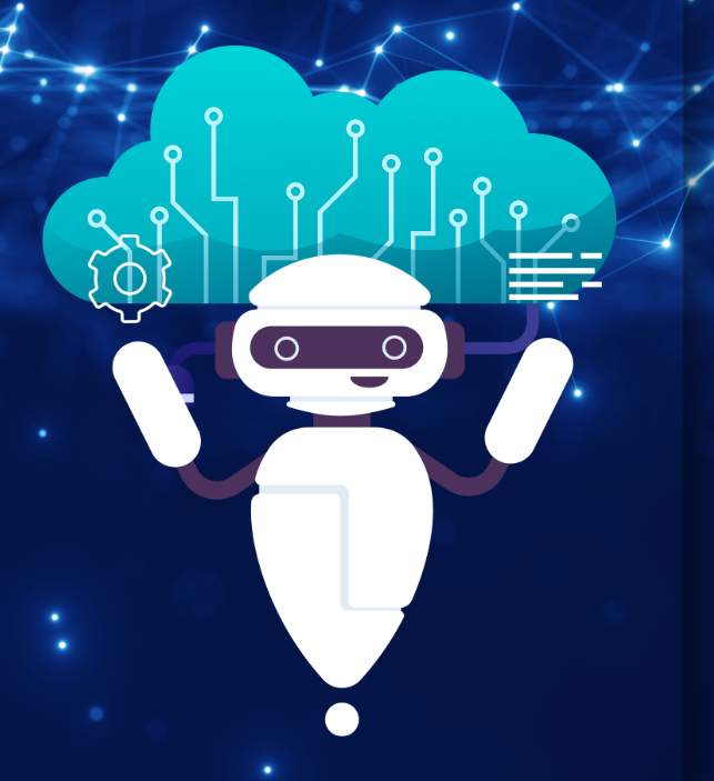 White robot with cloud head, connected to circuits. Gear icon. Blue background with stars.
