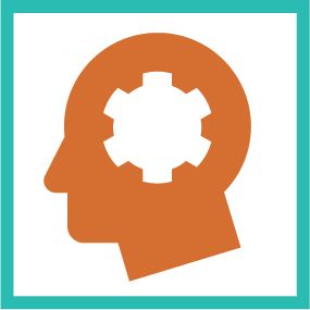 Orange head silhouette with a white cogwheel inside, against a teal and white square.