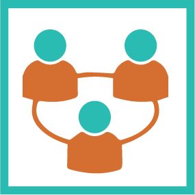 Three connected people icons, orange torsos with teal heads, within a teal-bordered square.