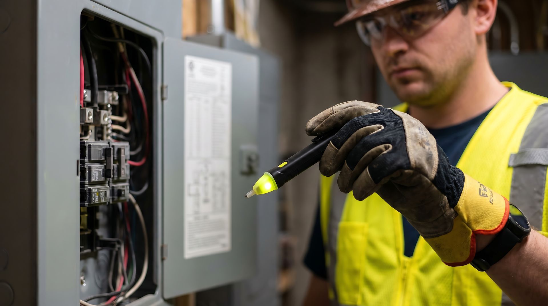 Skilled electrician in safety gear. Skilled electrician in safety gear.