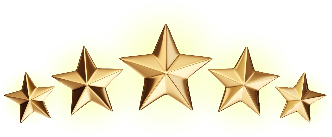Five gold stars are lined up in a row on a white background.