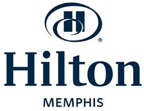 The logo for hilton memphis is blue and white