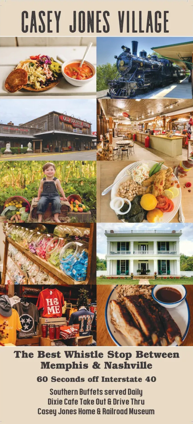 A poster for casey jones village the best whistle stop between memphis and nashville