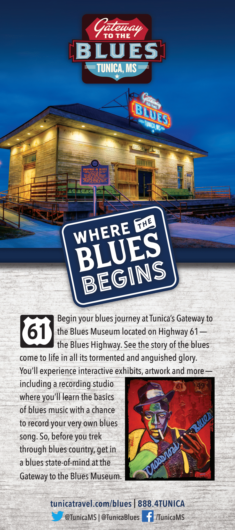 A poster for a restaurant called where the blues begins