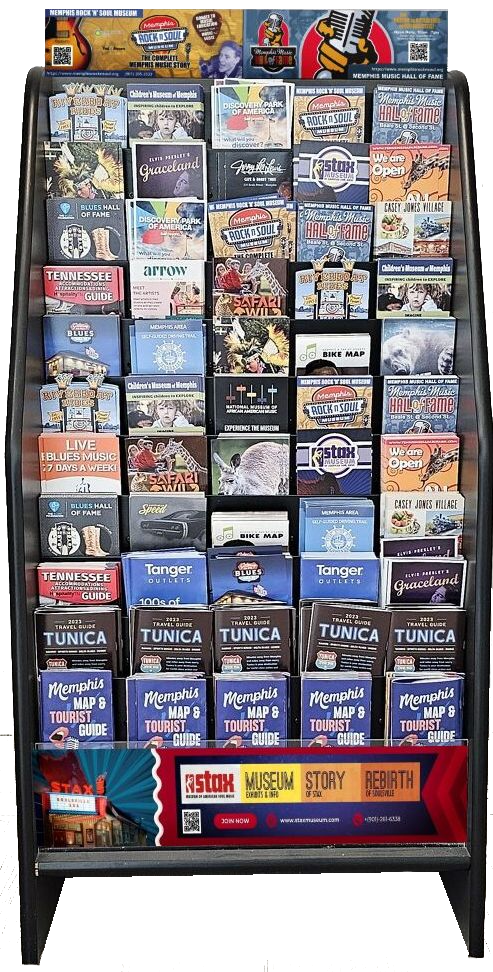 A magazine rack filled with lots of magazines on a white background.