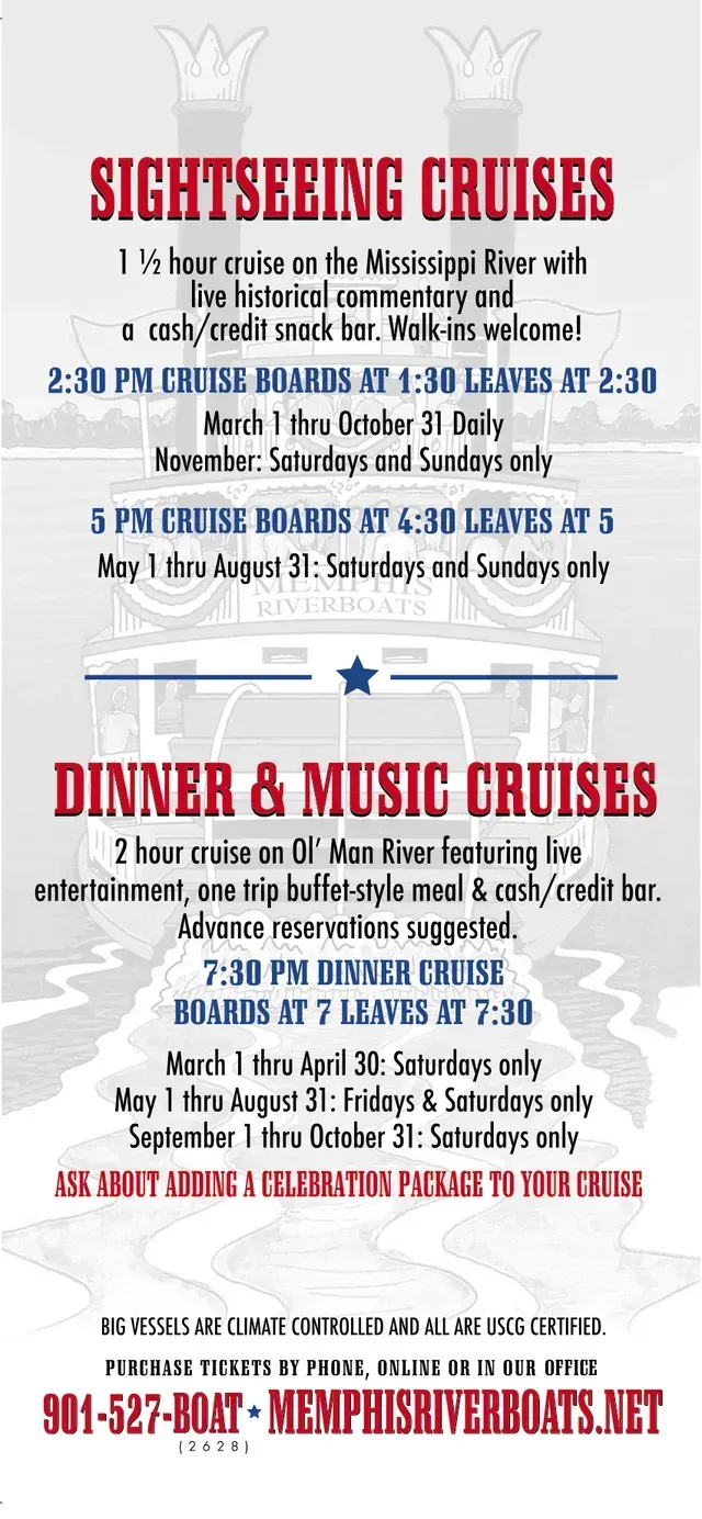 A flyer for sightseeing cruises and dinner and music cruises.