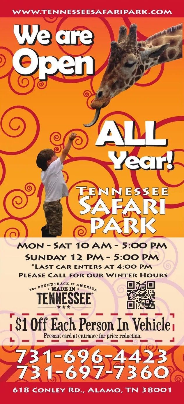 A poster for tennessee safari park with a giraffe and a boy