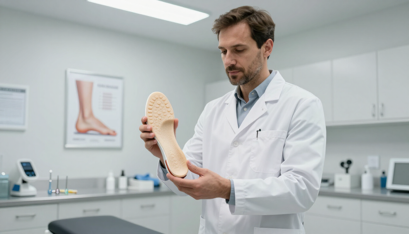 photorealistic high quality medical custom orthotics being inspected by a podiatrist in a modern clinic