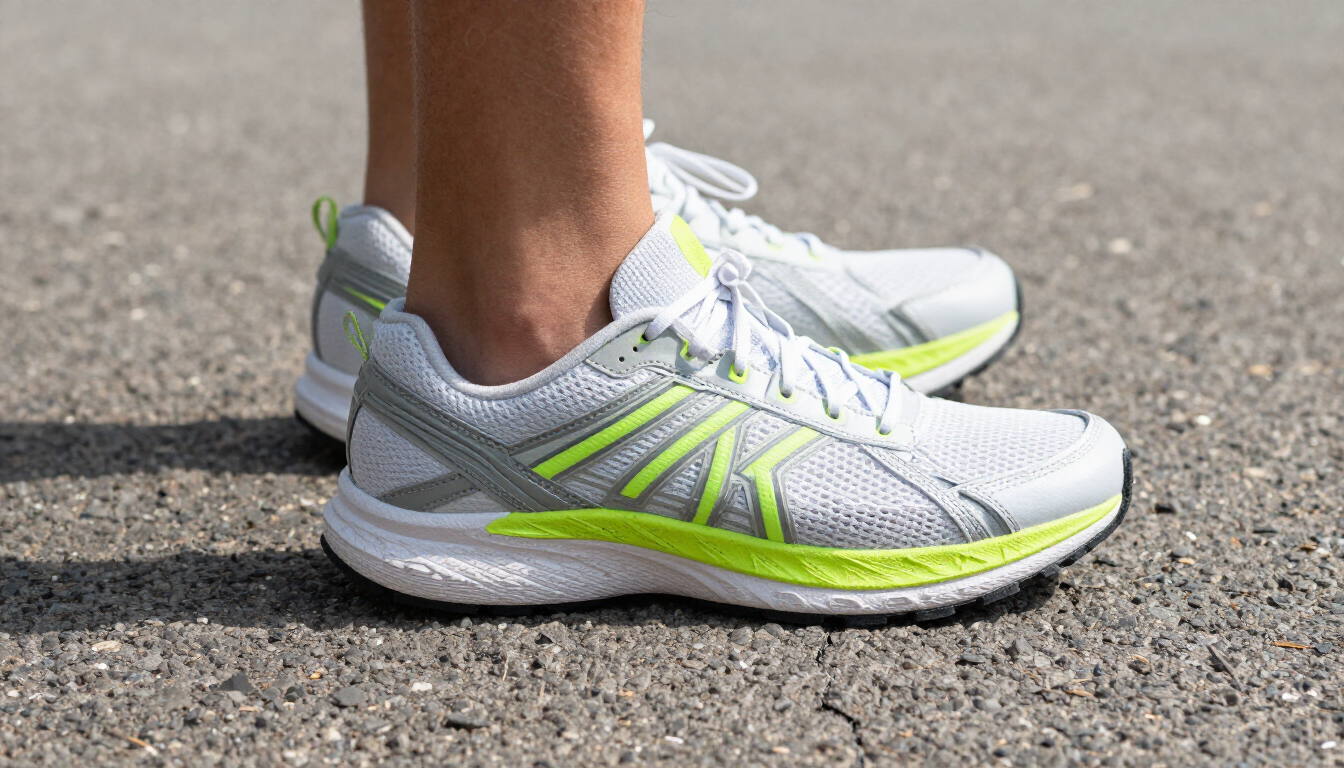 photorealistic image of a person running with a focus on their high quality athletic shoes and proper alignment