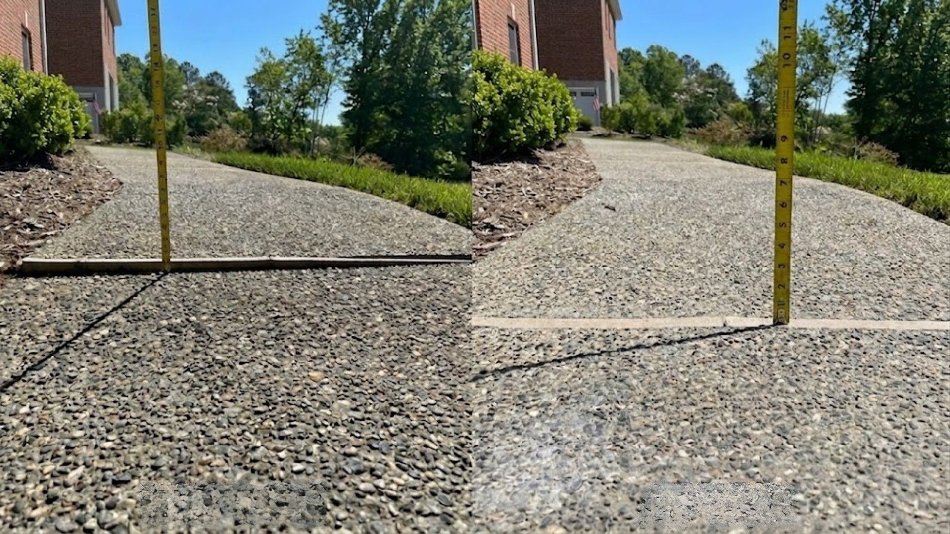 Gravel path with a metal handrail beside a building, split into a wide-view comparison of two angles, work of Rite-Wash