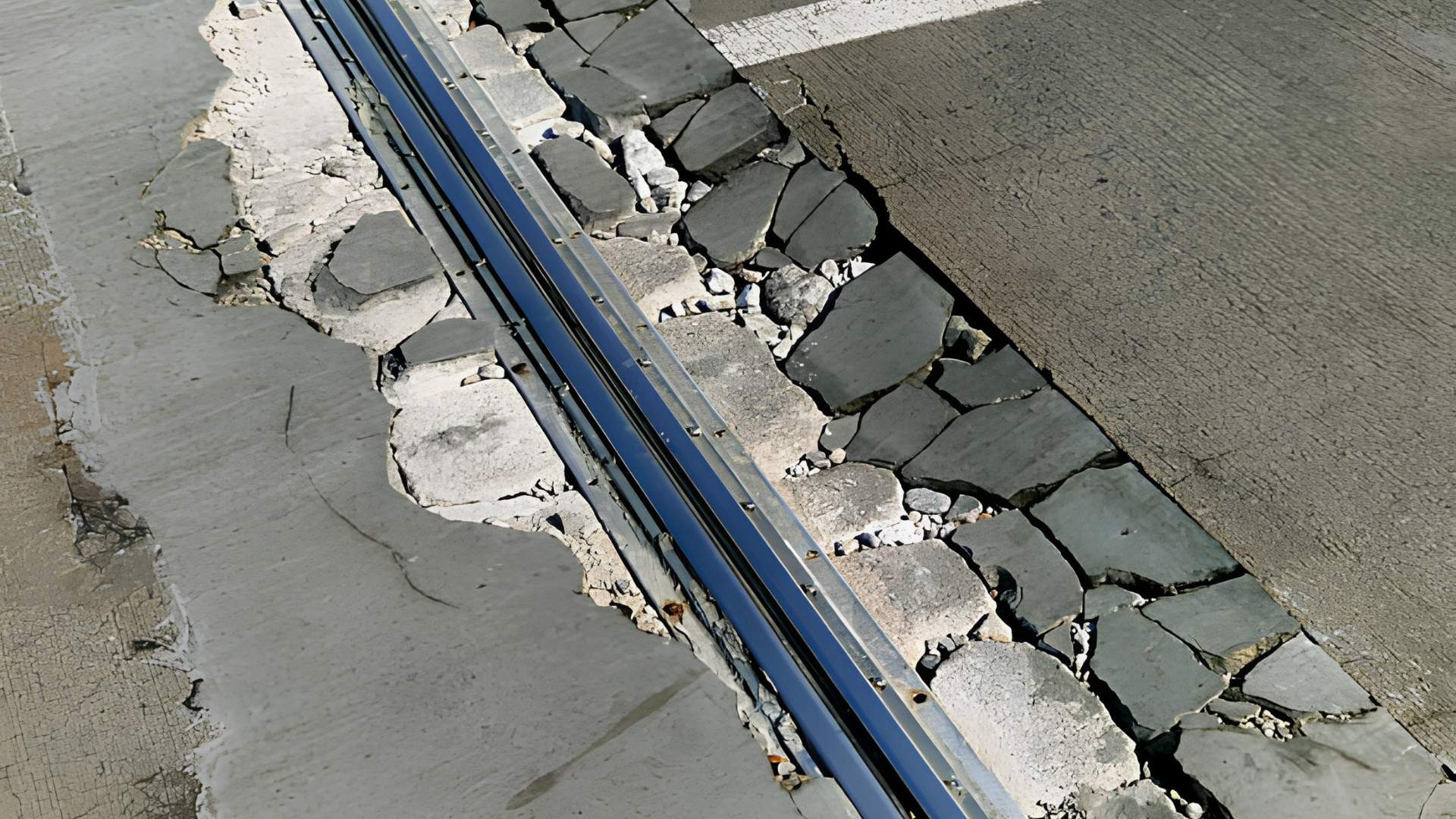 Damaged concrete pavement with a blue drainage channel and broken curb stones