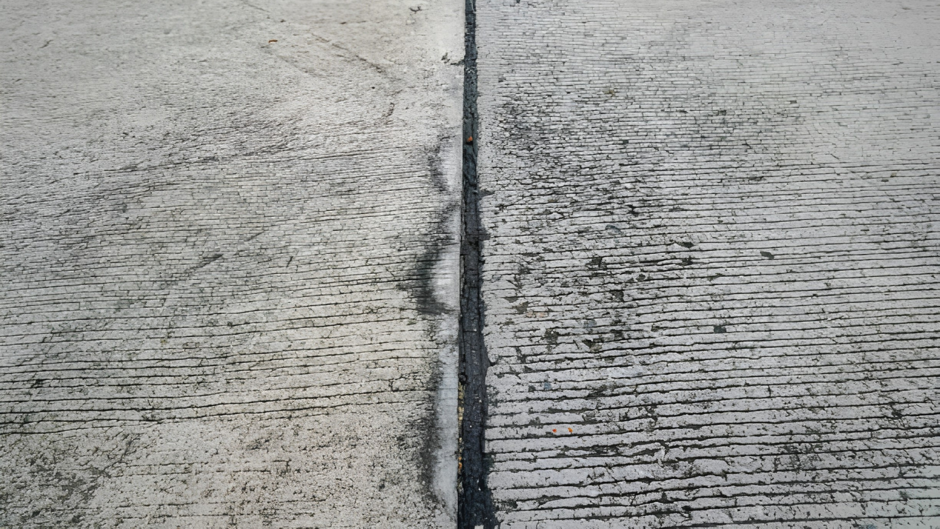 Cracked concrete pavement with a dark seam running down the center
