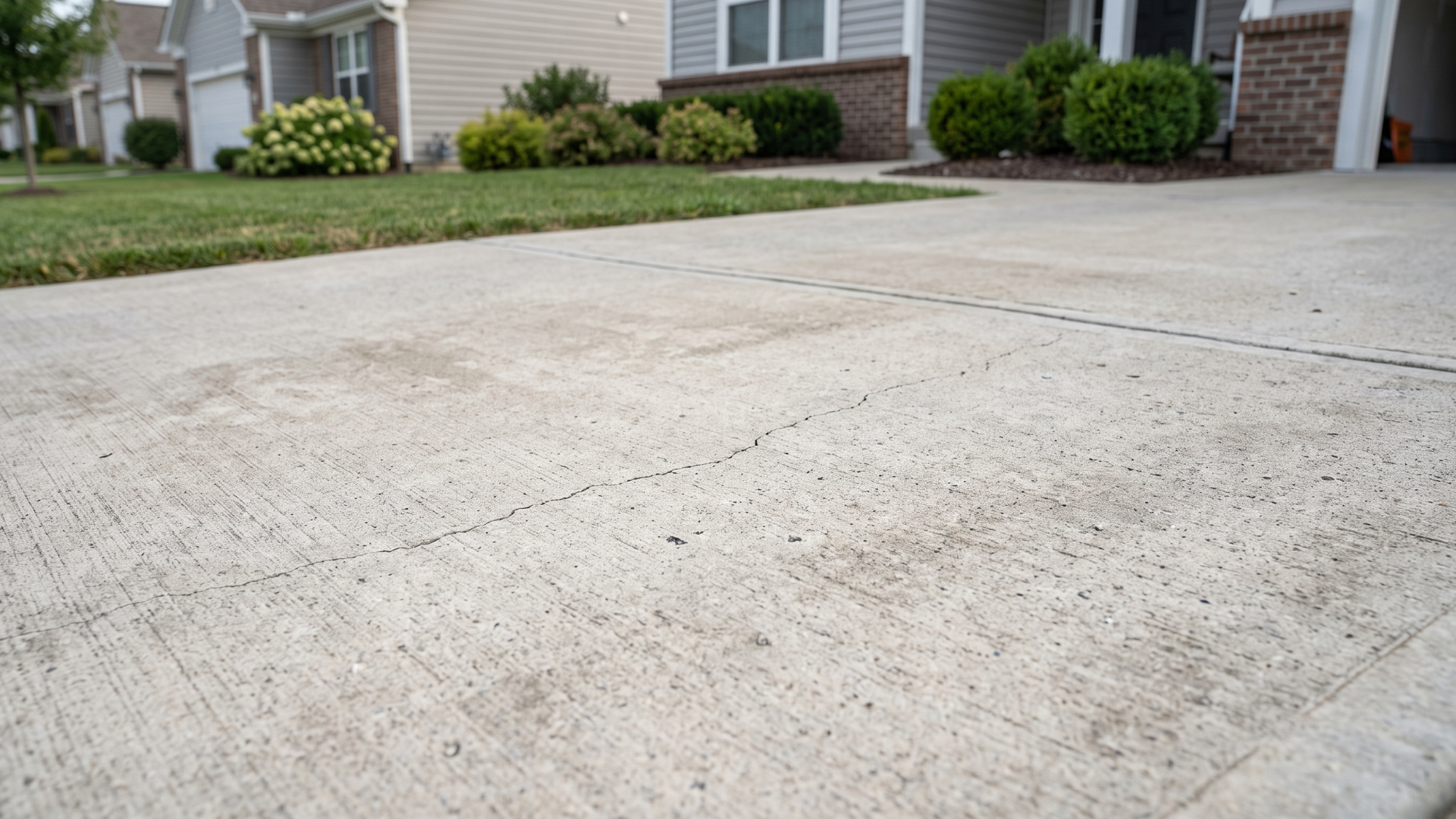 Empty concrete driveway with a cosmetic crack in front of suburban townhouses and trimmed bushes