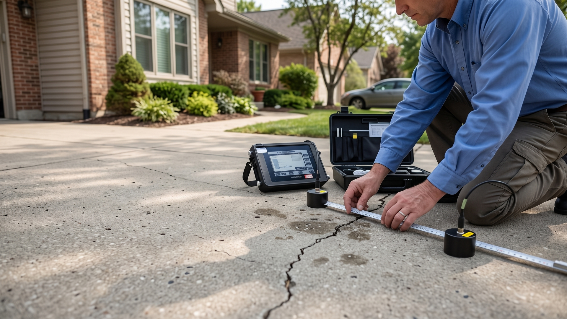 Technician checking a cracked driveway with a digital gauge outside a suburban house