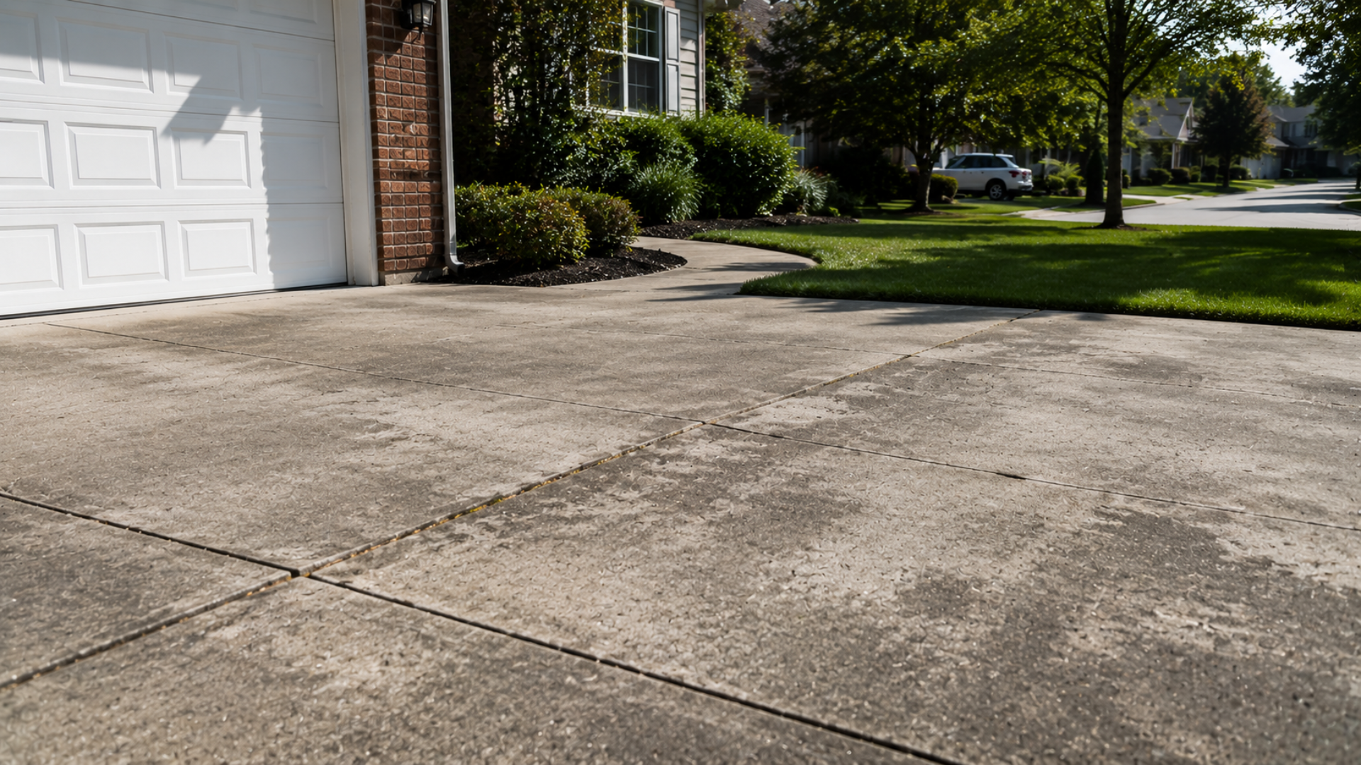Concrete driveway beside a garage and house, with green lawn and trees in sunlight