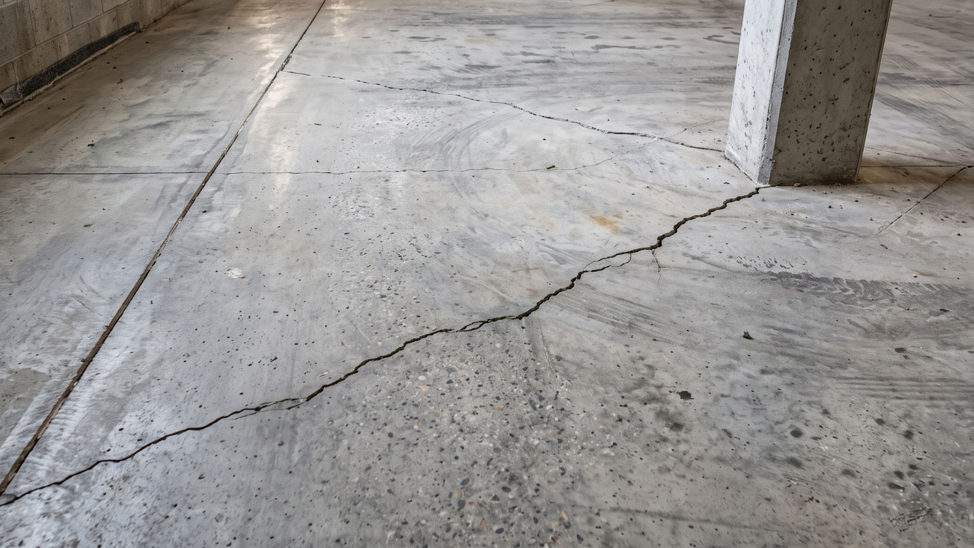 Cracked concrete floor in a parking garage, with a support pillar on the right.