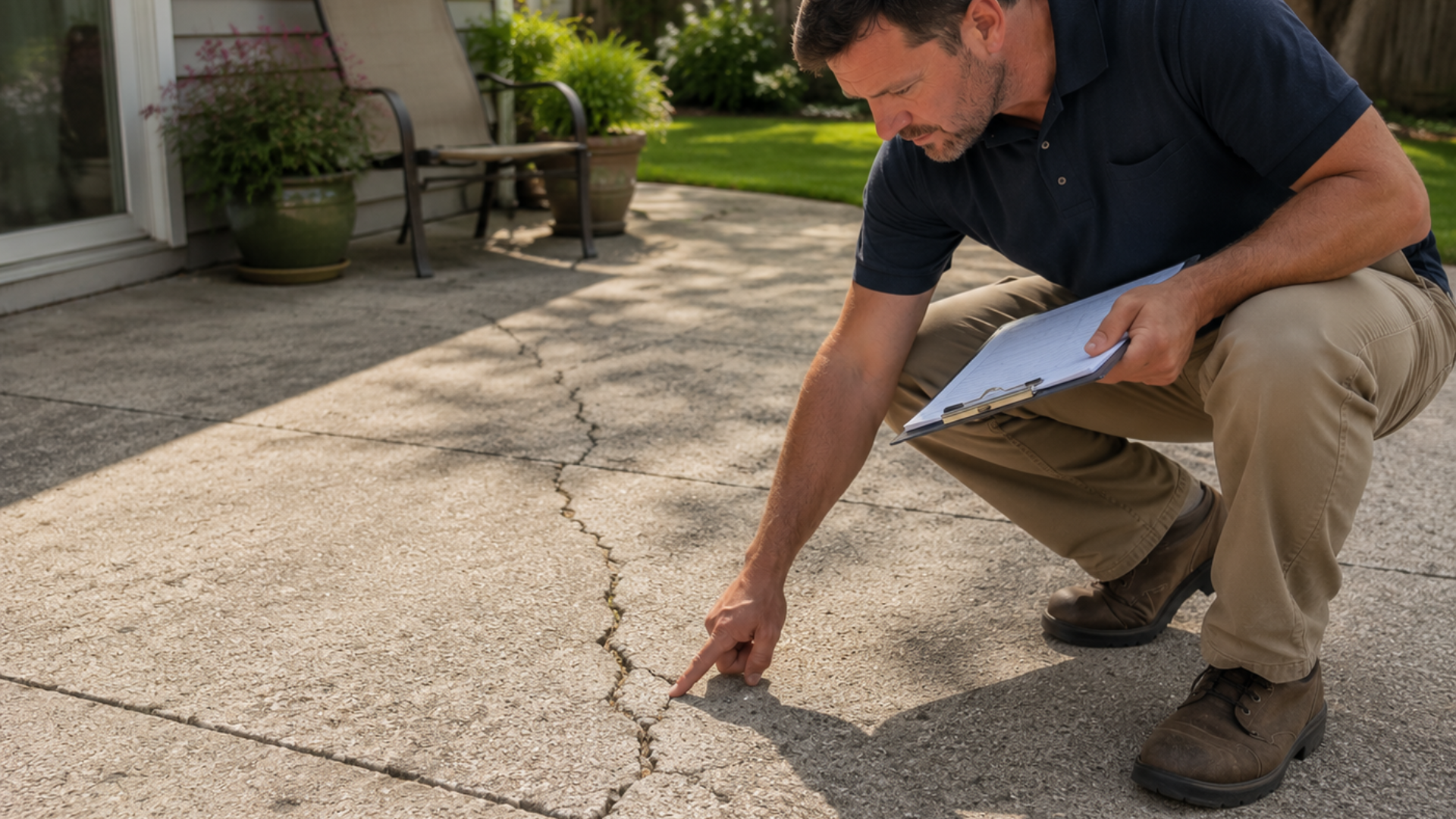 Man inspecting a cracked concrete driveway with a clipboard outside a house.