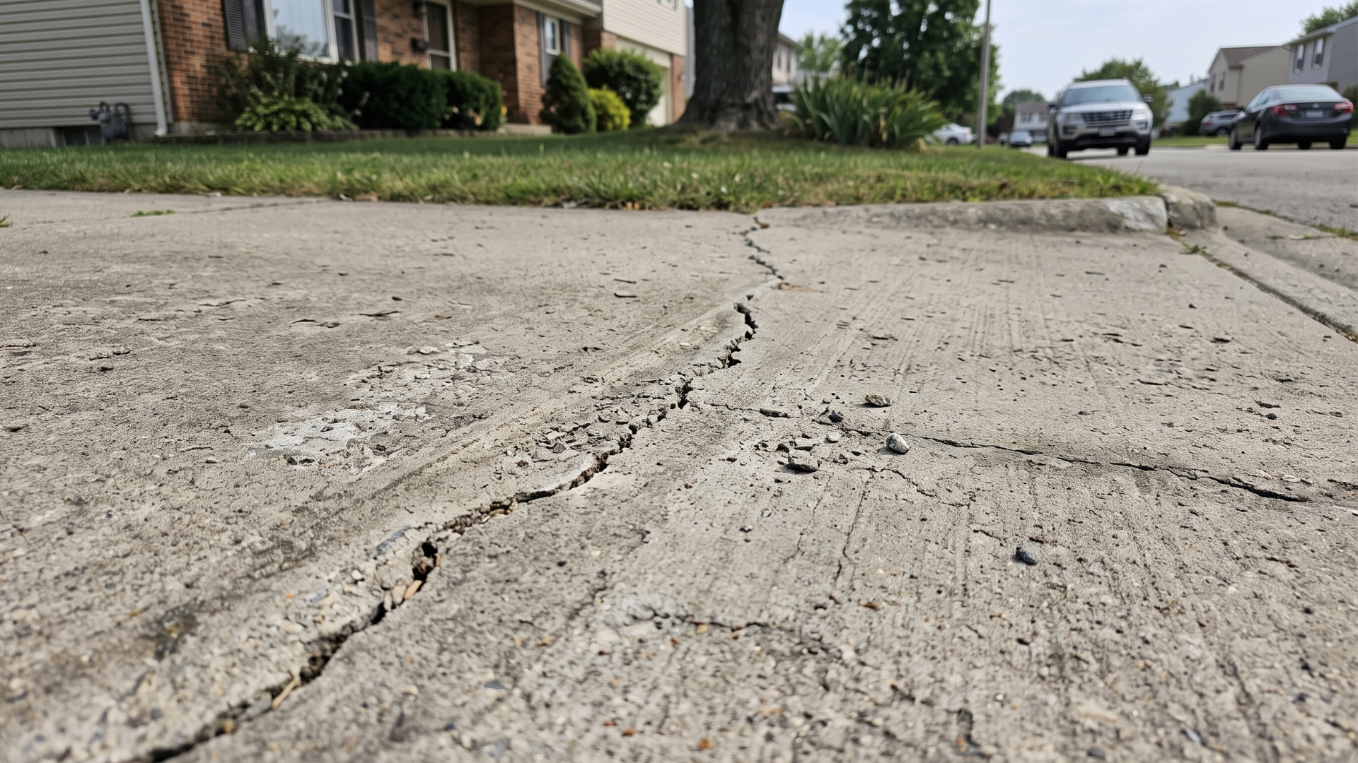 Cracked concrete driveway with a long raised seam, crumbling edges, and flaking in a suburban neighborhood.