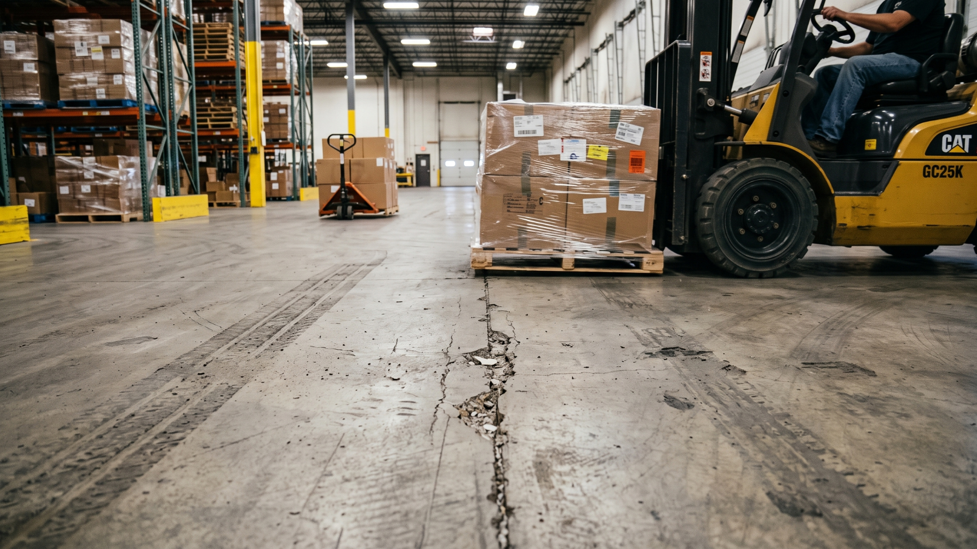 Warehouse aisle with a forklift moving a pallet of boxed goods on a damaged concrete floor