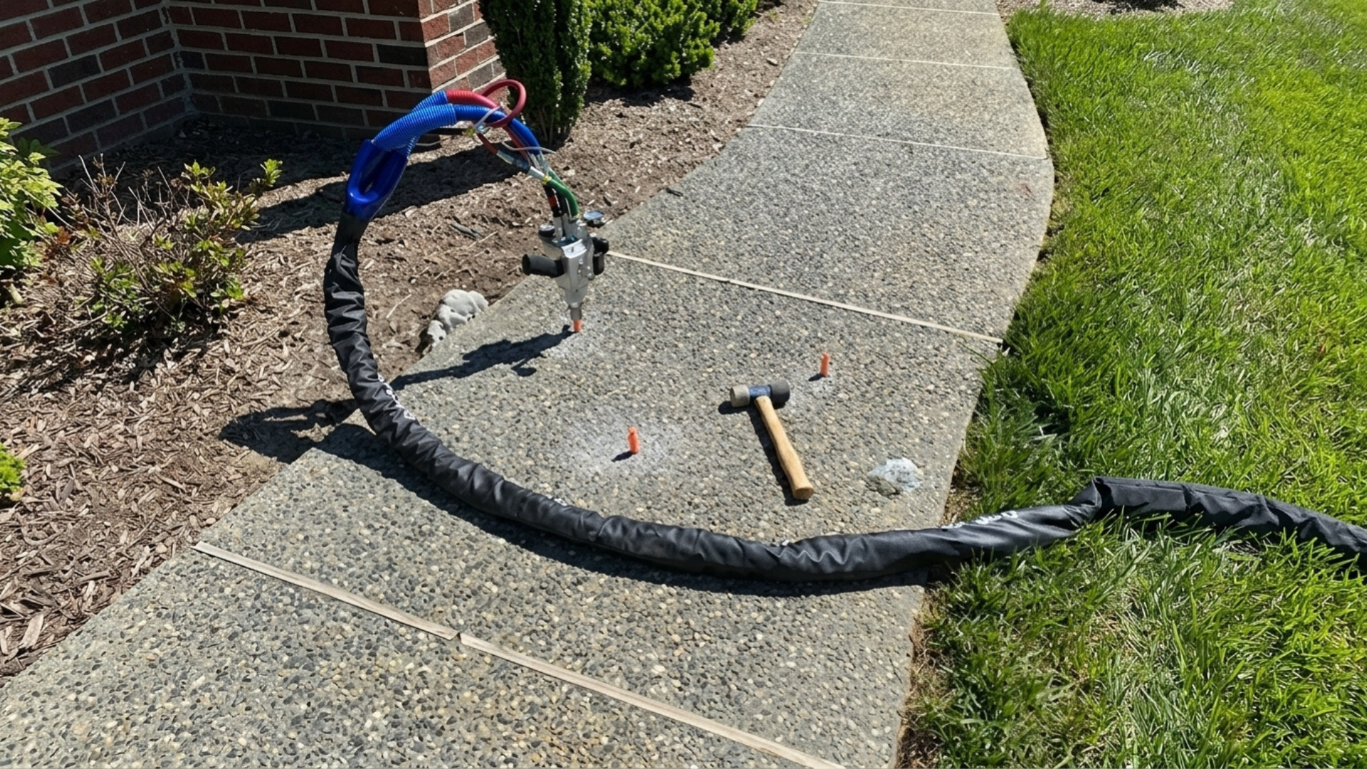 Garden hose assembly on a sidewalk beside grass, with pliers and a hammer nearby. The Rte-Wash team repaired the concrete.