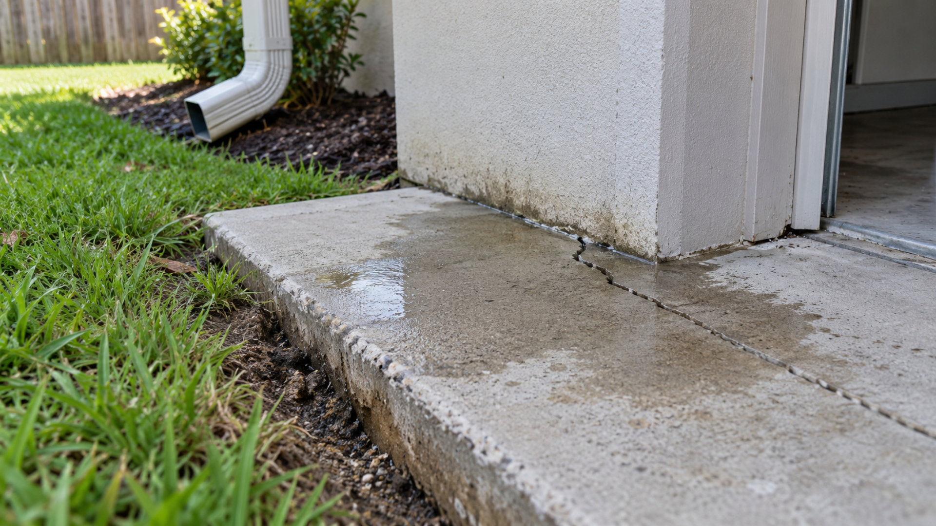 Wet concrete walkway beside a house corner, bordered by grass and a white downspout