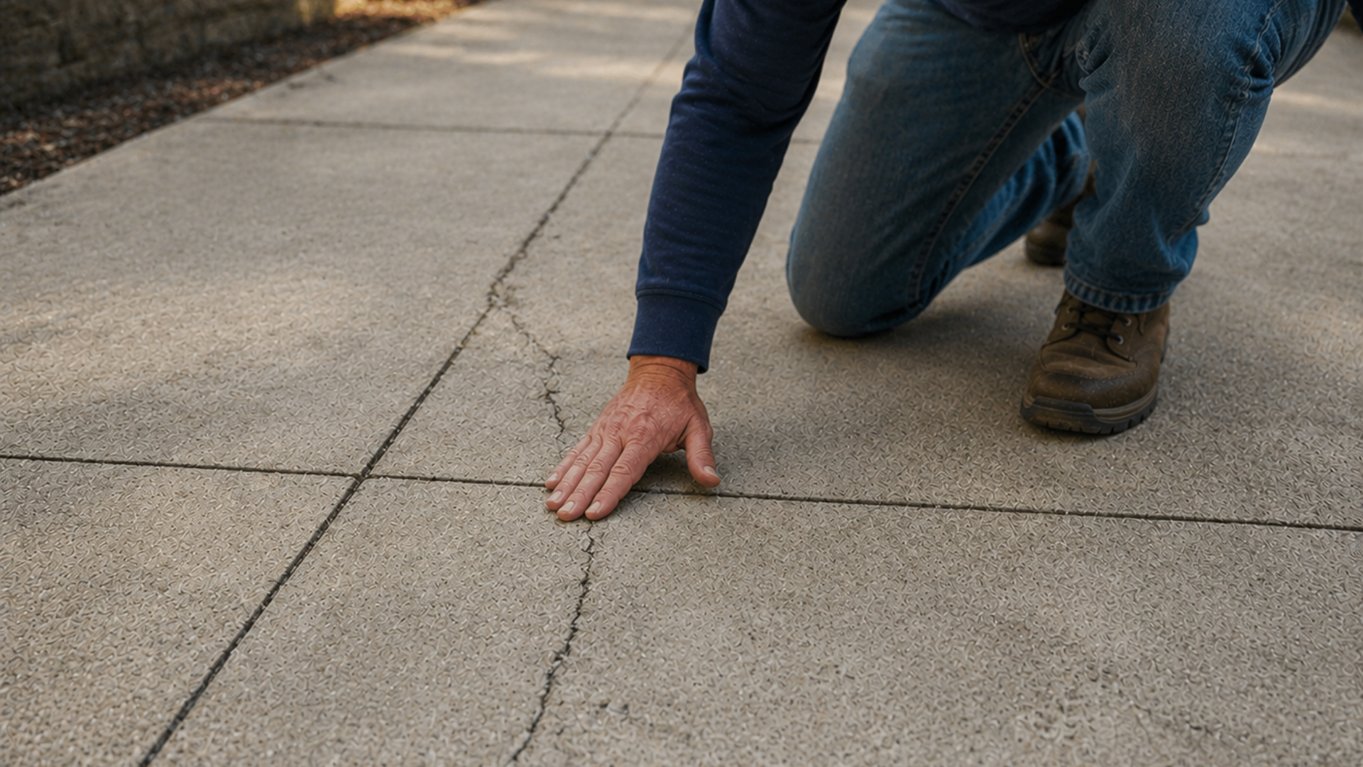 Person kneeling on a concrete sidewalk, pressing a hand to a cracked pavement seam