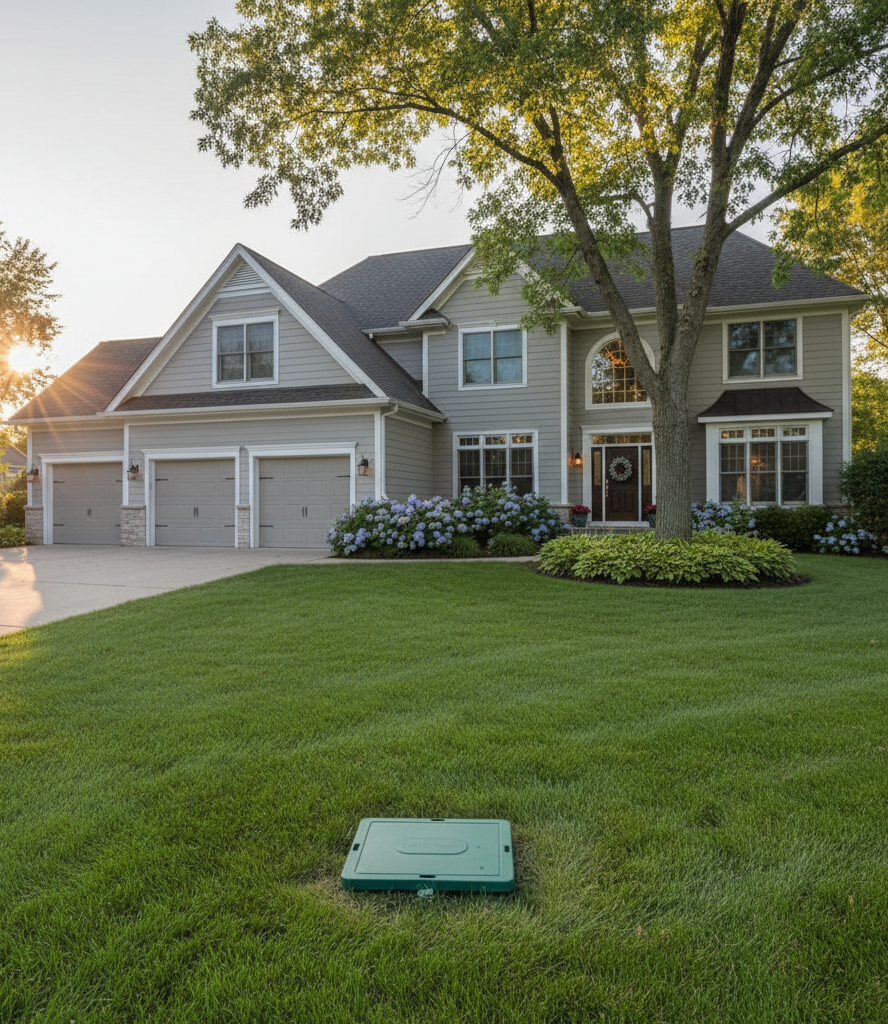 Suburban two-story gray house with large green lawn at sunset and a tree in front