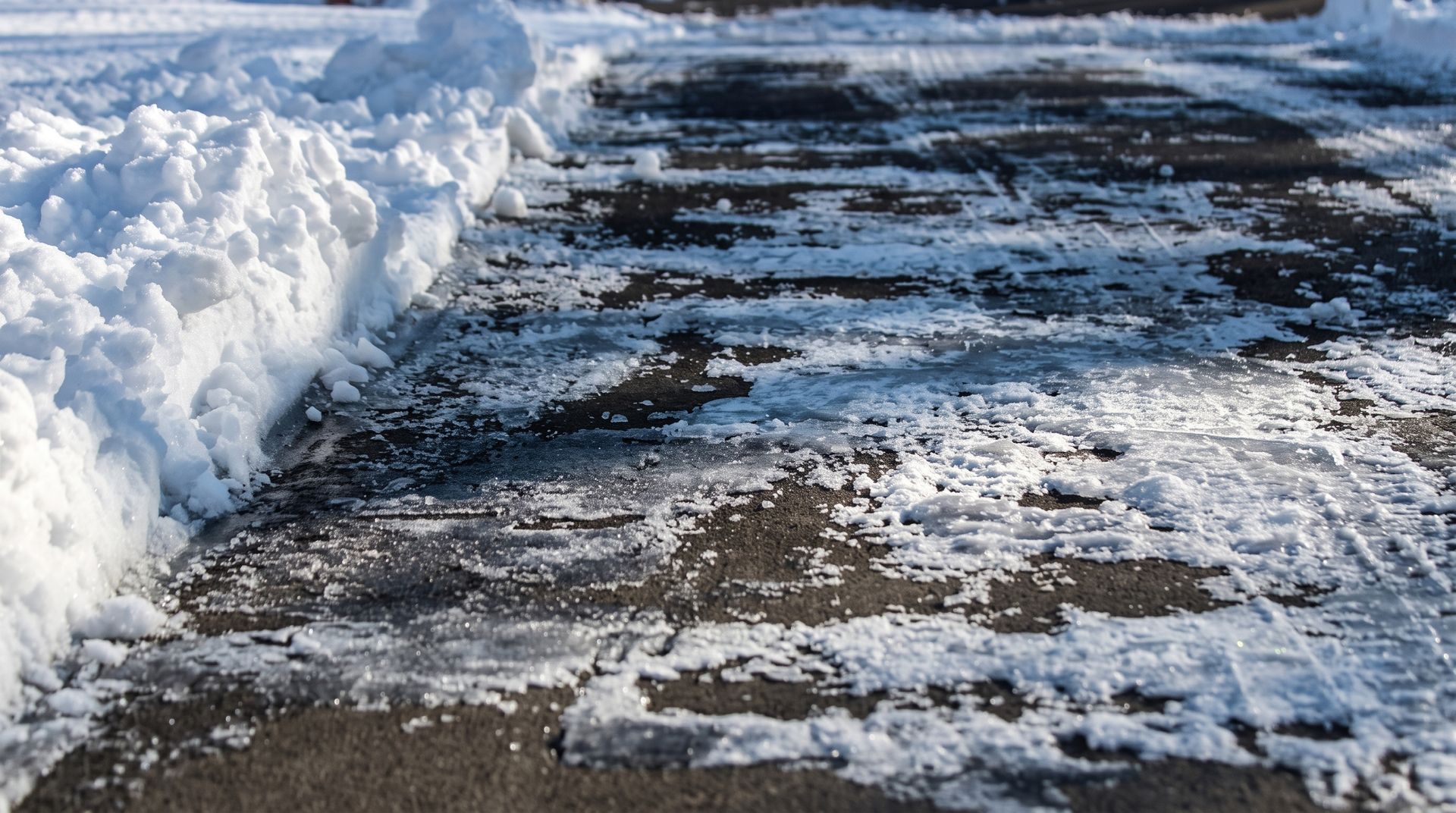Snow-covered sidewalk beside a cleared, wet path in winter.