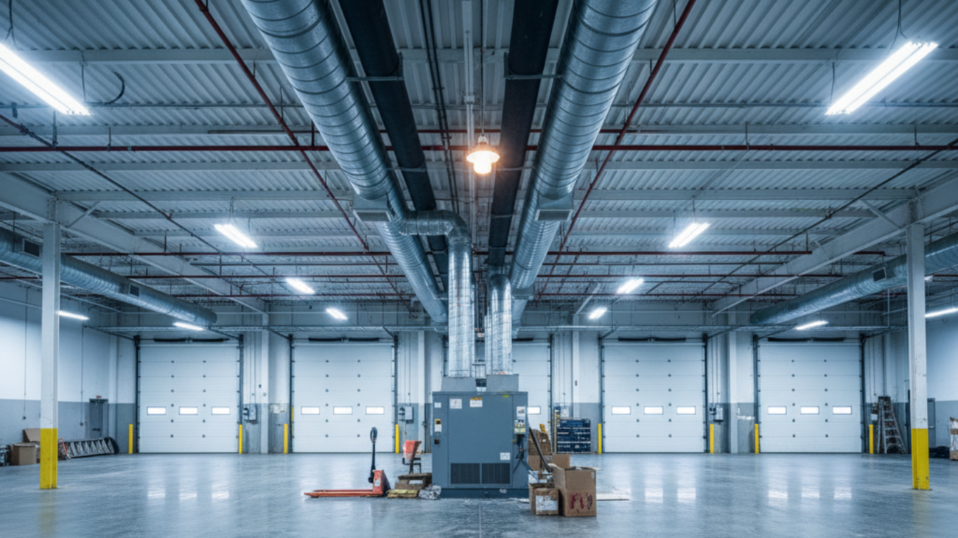 Empty industrial warehouse interior with high ceilings, bright lights, and loading dock doors