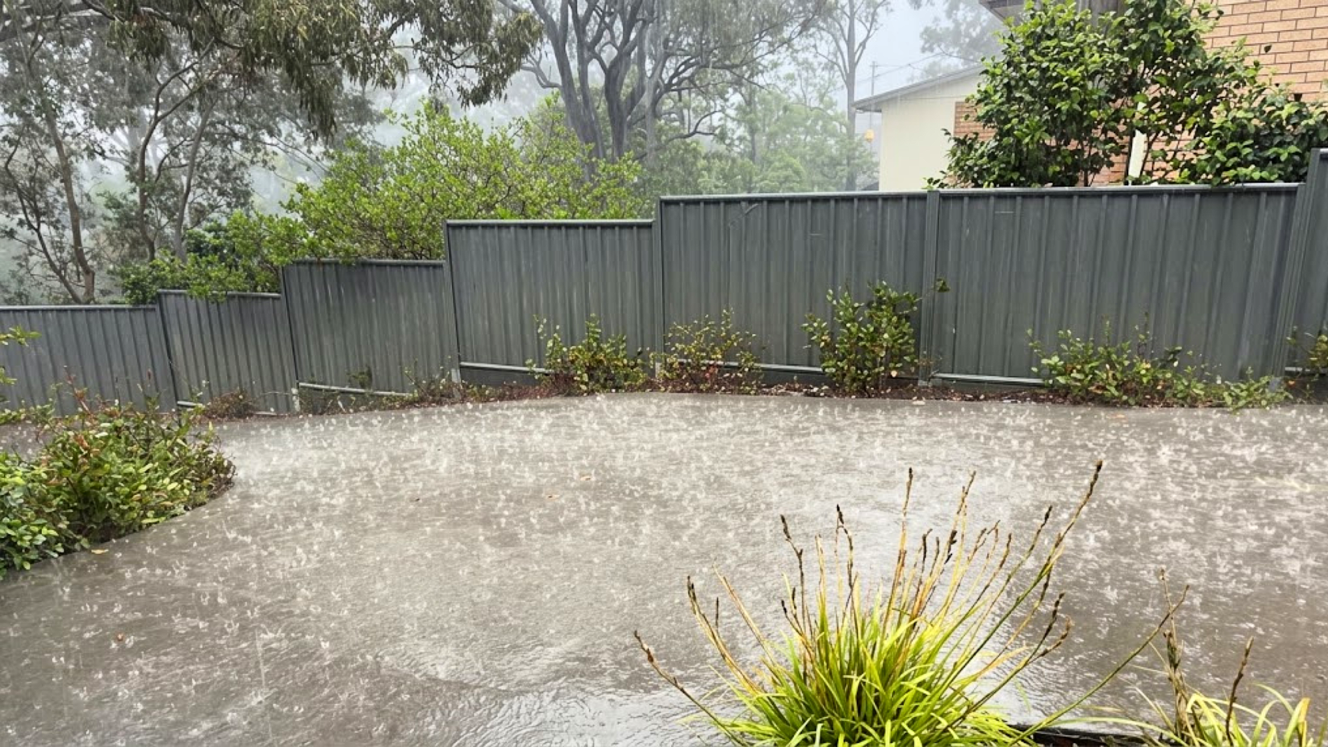 Backyard concrete patio during rain
