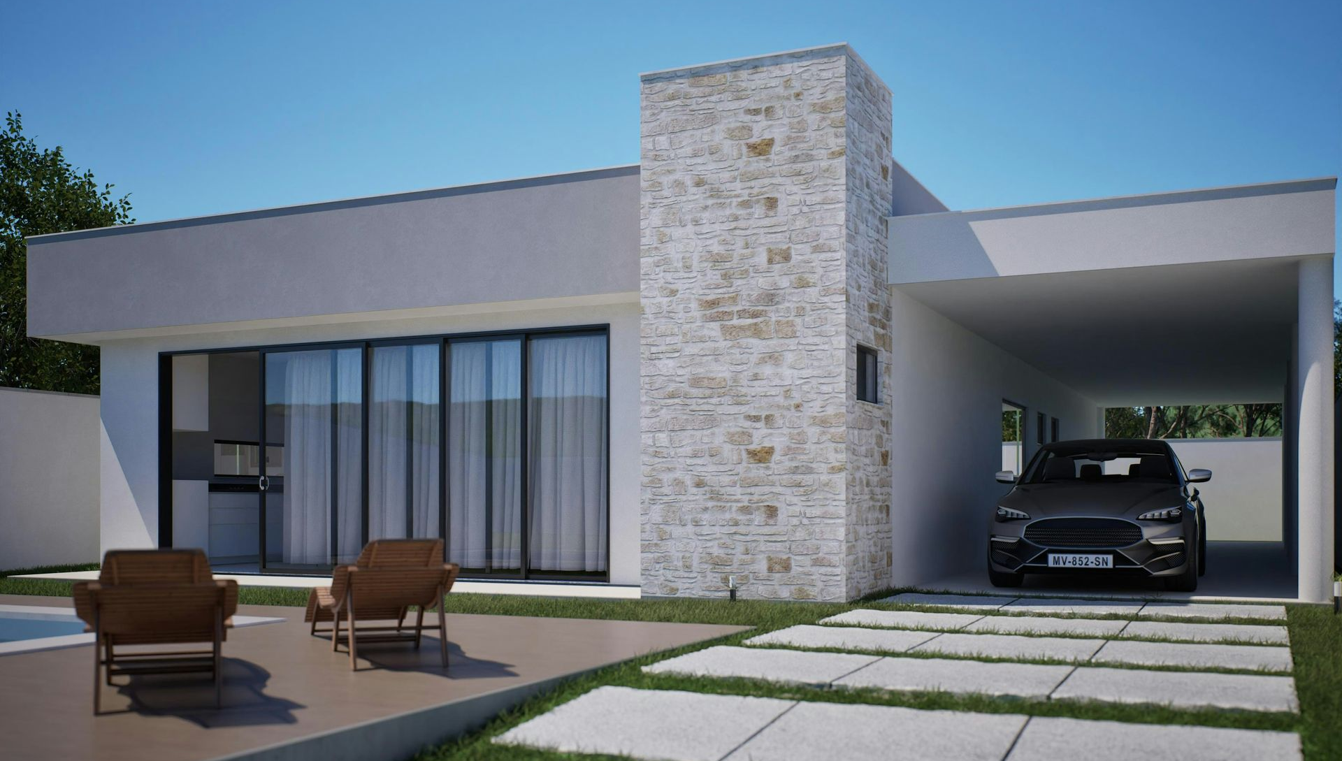 Modern single-story house with a stone accent and carport; a car is parked inside.