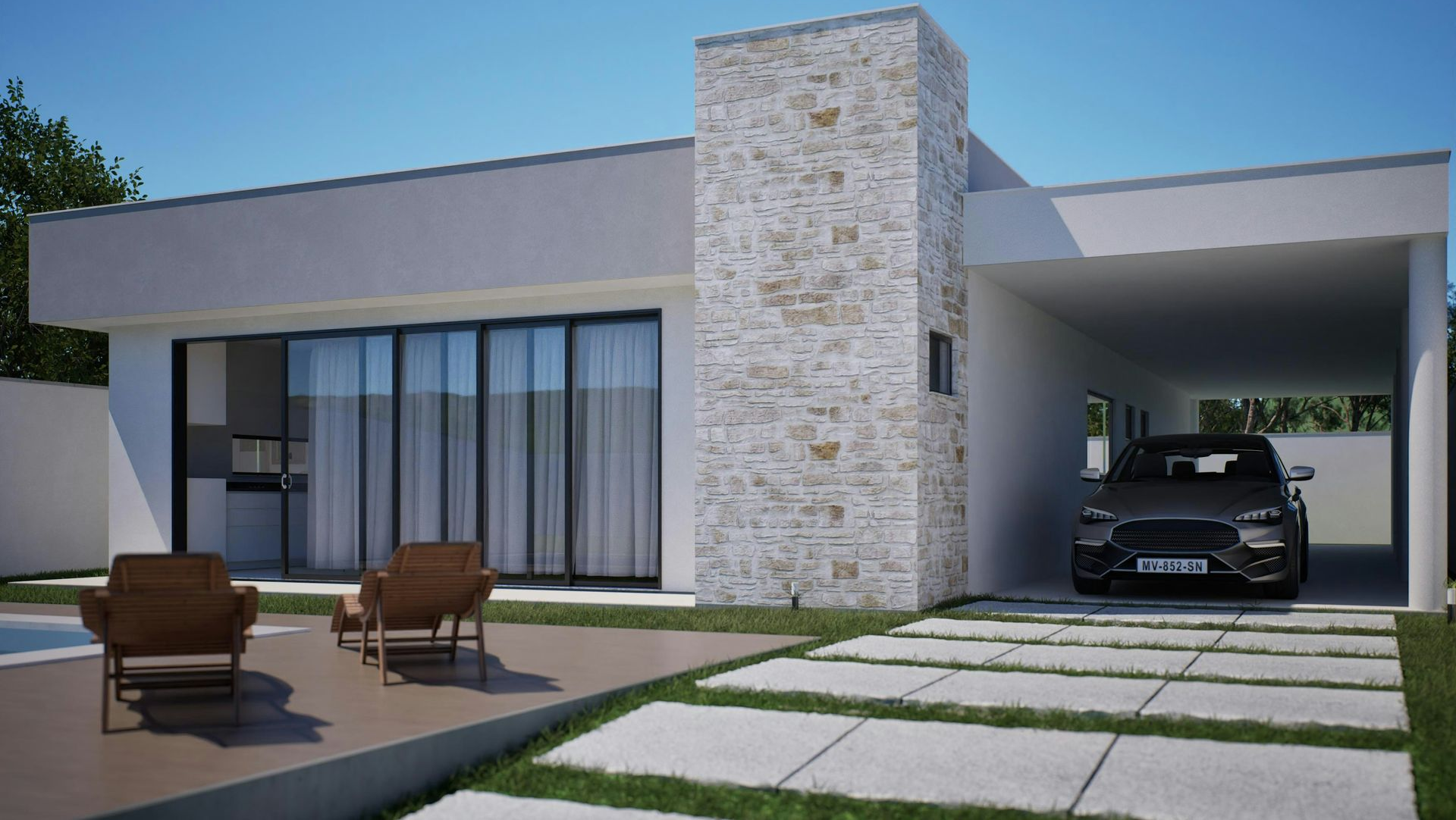 Modern home with a carport, car parked inside, outdoor seating, and sliding glass doors.