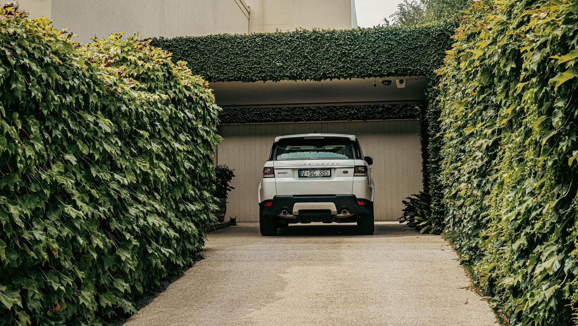 White SUV parked in a driveway between tall hedges leading to a garage.
